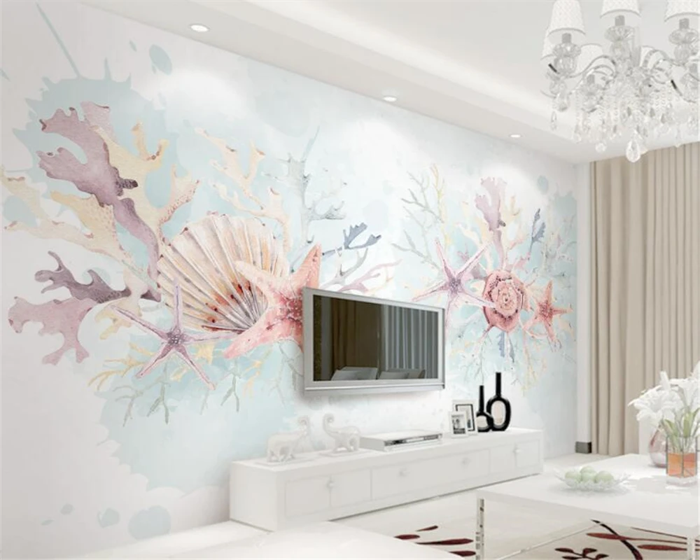 

Custom wallpaper silk cloth fresh starfish coral shell hand painted watercolor TV background wall 3d wallpaper papel mural