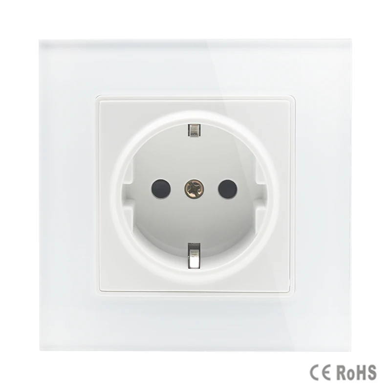 Mobu  Free Shipping EU Standard Power Socket, AC 110~250V 16A Wall Power Socket, white Color tempered Crystal Glass Panel