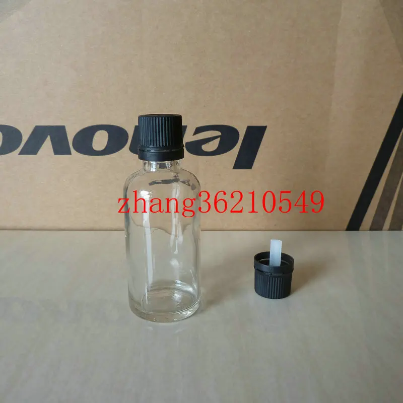 50ml clear/transparent Glass Essential Oil Bottle With Black plastic burglarproof cap. Oil vial, Essential Oil Container