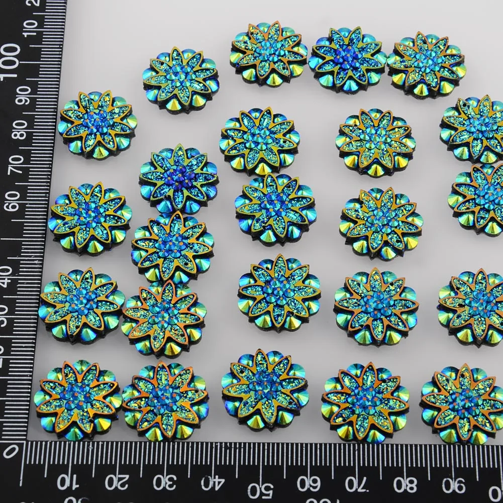 BOLIAO 15Pcs 18mm( 0.71in ) Flower Shape Resin AB Color With Two Hole Dark Blue Rhinestone Flatback Buttons Clothes Crafts DIY