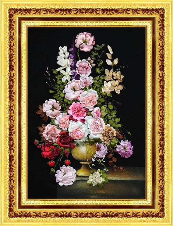 

Needlework,DIY Big Ribbon Cross stitch Sets for Embroidery kit,Beautiful spring blossom rose flowers Cross-Stitch handwork decor