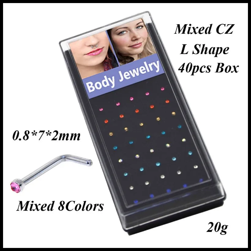 Lot of 40pcs 316l Surgical Steel Hollow Heart Screw Nose Bone Piercing With L Shape Mixed Clear Colors Nose Stud Rings Jewelry