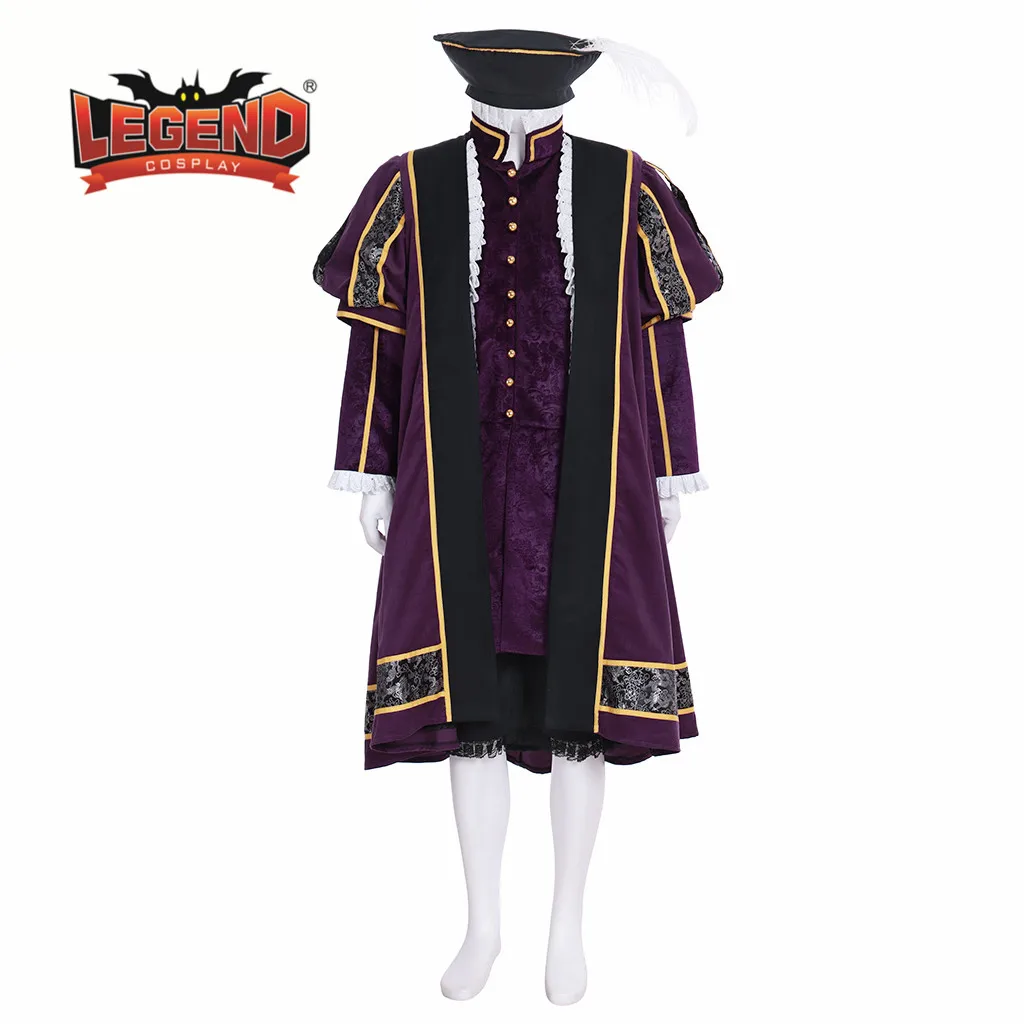 King henry Tudor Period Medieval Men cosplay purple outfit lord king Men's Costumes tudor tunic coat hat