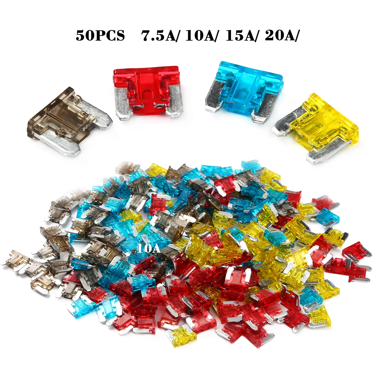 50Pcs Mini Size Car Auto Blade Fuse 7.5A 10A 15A 20A Standard Blade Fuse for Auto Truck Automotive Boat Accessories