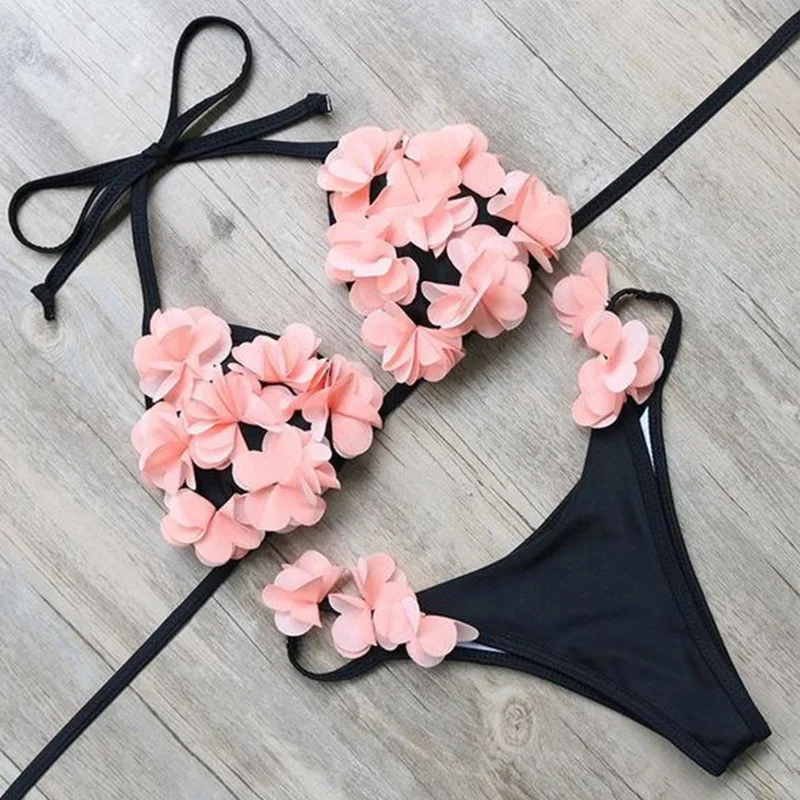 Solid Black Swimsuit Women Low Waist Bikini Set with Flower Decoration Beach Swimwear Bathing Suit S-XL