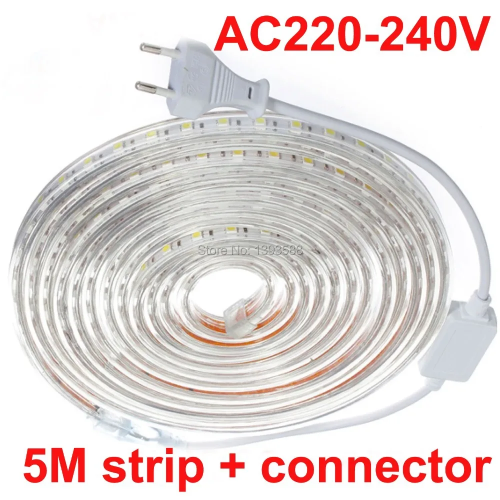 

5M/set Waterproof Daylight 220V 5050 SMD 60 LED Flexible Strip Light ,warm white/Cool white,60leds/m waterproof