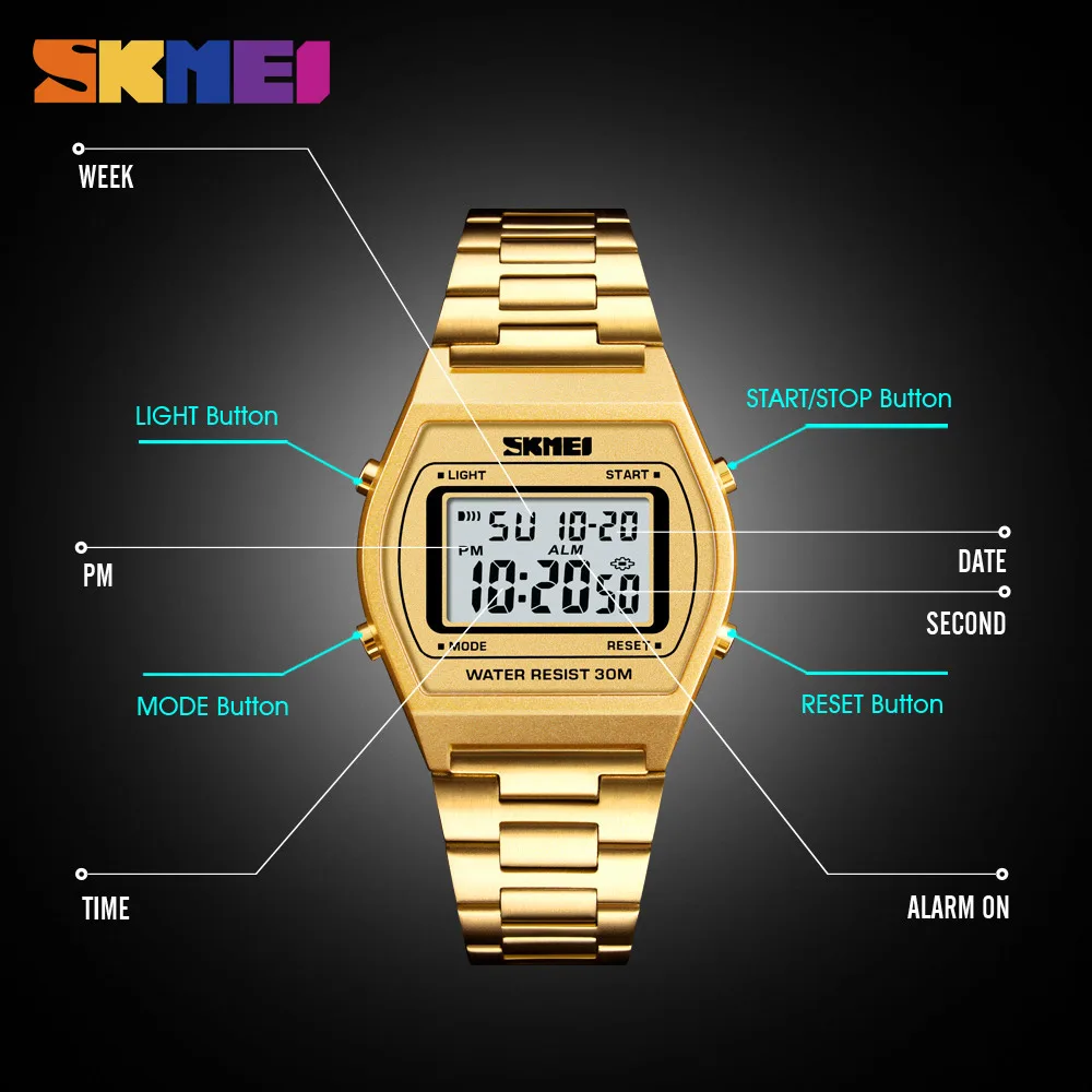 SKMEI Fashion Sport Stopwatch Digital Wristwatch For Men Women Stainless Steel Strap Casual Date Watches reloj hombre Alarm