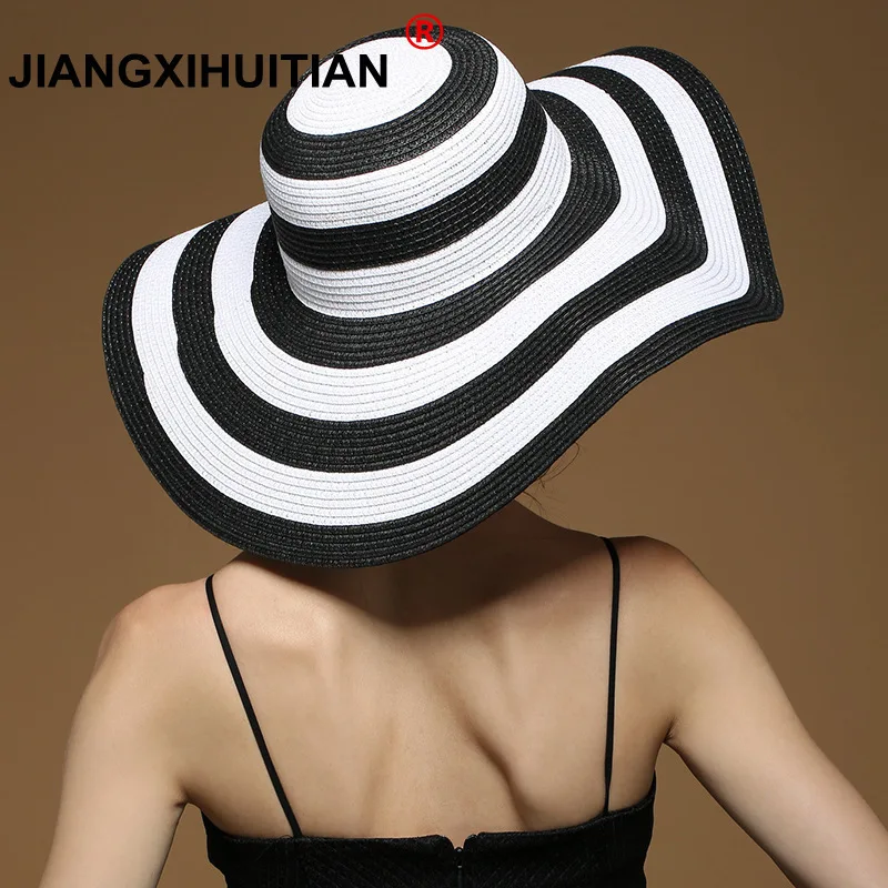 summer stripe straw hat women big wide brim beach hat sun hat foldable sun block UV protection panama hat bone chapeu feminino