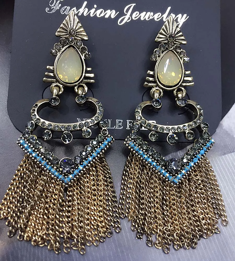 Opalescence Glass Gray Rhinestone Gold Chain Pendants Fashion Long Earring Women Fashion Jewelry New arrival stud for Girls E728