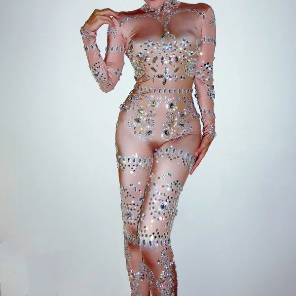 Super Sparkly Rhinestones 3D Printed Sexy Dance Jumpsuit Female Singer Bodysuit Nightclub Women's Birthday Party Show Costumes