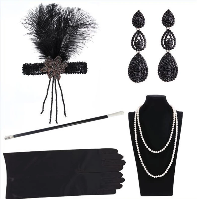 1920S Vintage Cosplay Accessory Party Feather Headbands Women's Holiday Prom Wedding Fashion Headpiece Necklace Earrings Set