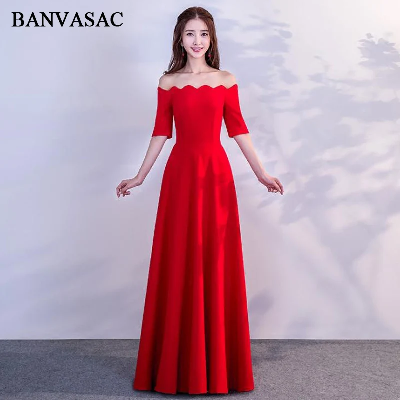 

BANVASAC 2018 Ruffles Boat Neck A Line Draped Satin Long Evening Dresses Party Short Sleeve Zipper Back Prom Gowns