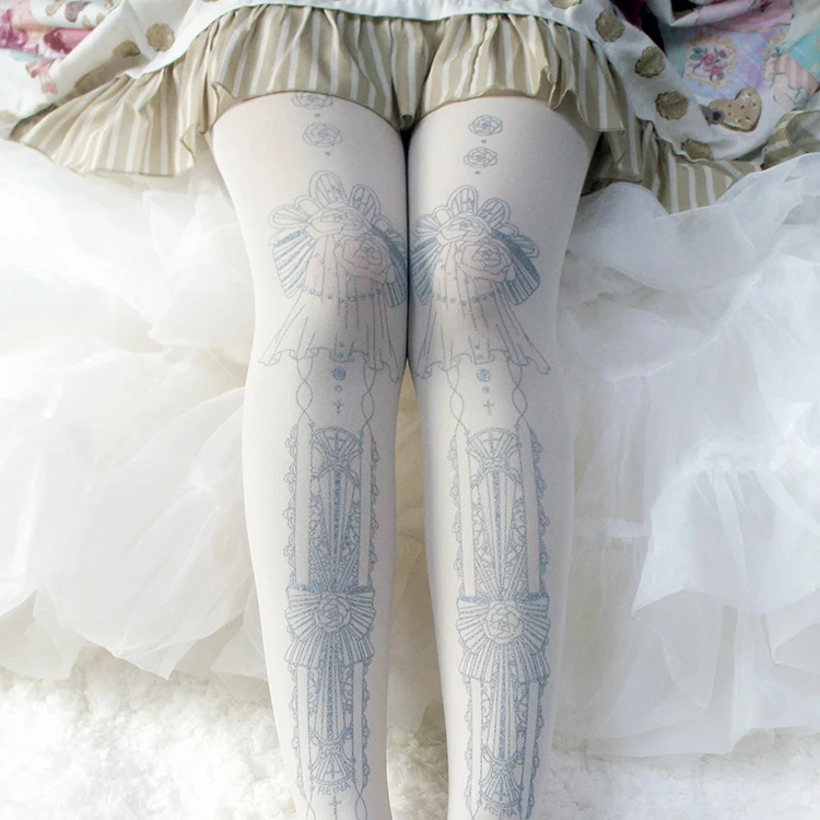 Lolita printed silk stockings lace miss m daytime chicago-brewed goose down tights silver lo socks