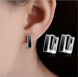 Child Fashion 925 Silver Black Square Enamel Small Stud Earring For Baby Girl Women Beautiful Loop Huggies Earring Jewelry