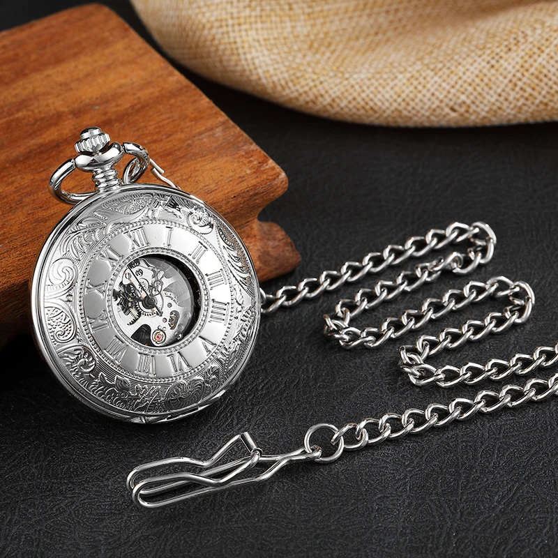 Vintage Silver Mechanical Men's Watch Double Face Roman Dial Man Clock Hand Wind Mechanical Pocket Watch with FOB Chain Men Gift