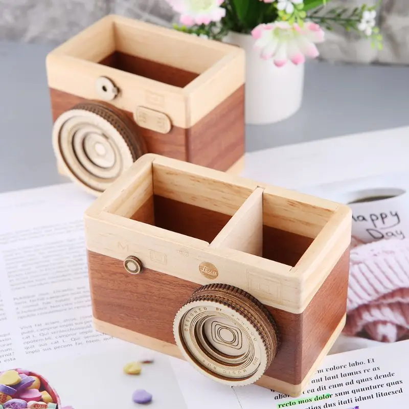 Creative Camera Pattern Wooden Pen Pencil Case Holder Stand Desktop Sundries Storage Box Multi Purpose Use #524