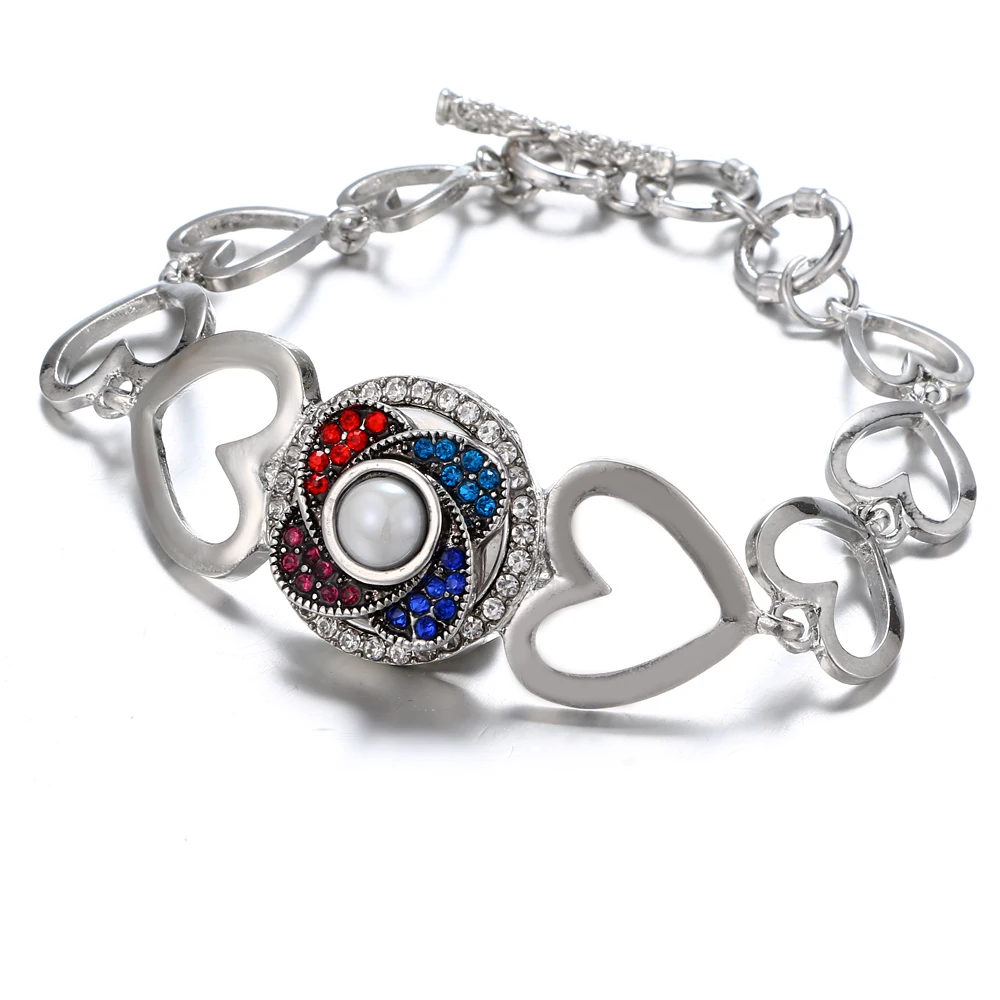 New Fashion silver plated hollow Rhinestone hearts snap Bracelet bangle 22CM fit 18MM snap button jewelry wholesale image 6