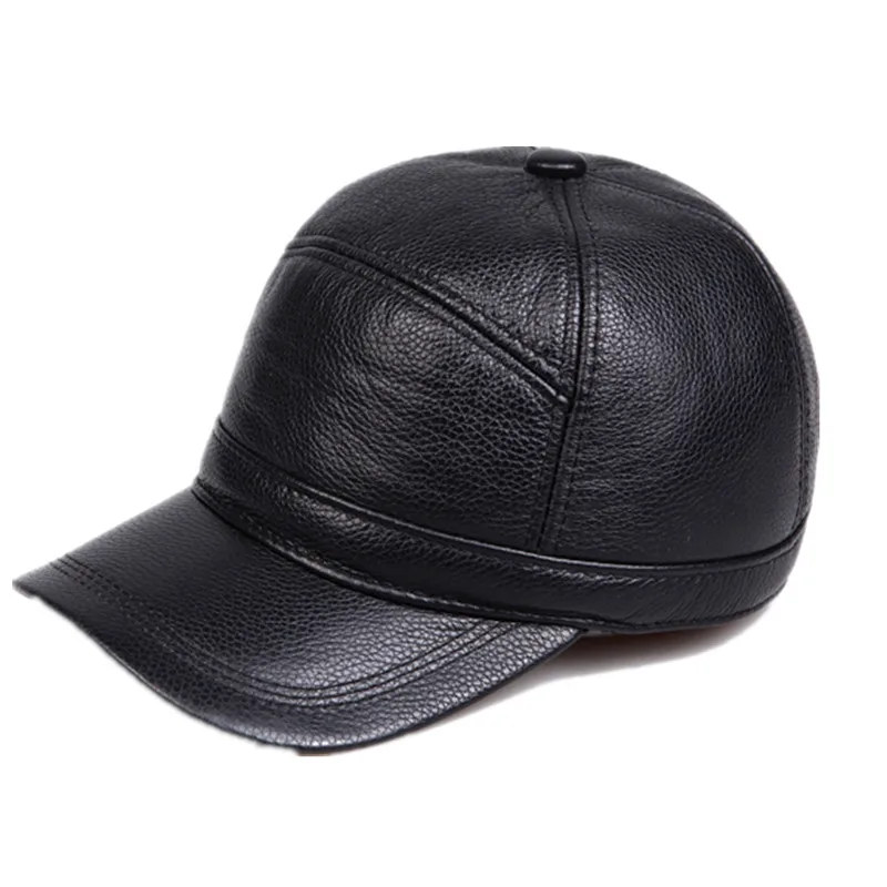 H912-03-gorras de béisbol de piel auténtica para hombre, sombrero de béisbol con letras ajustables, con cúpula negra/marrón, Hockey, Golf, Invierno