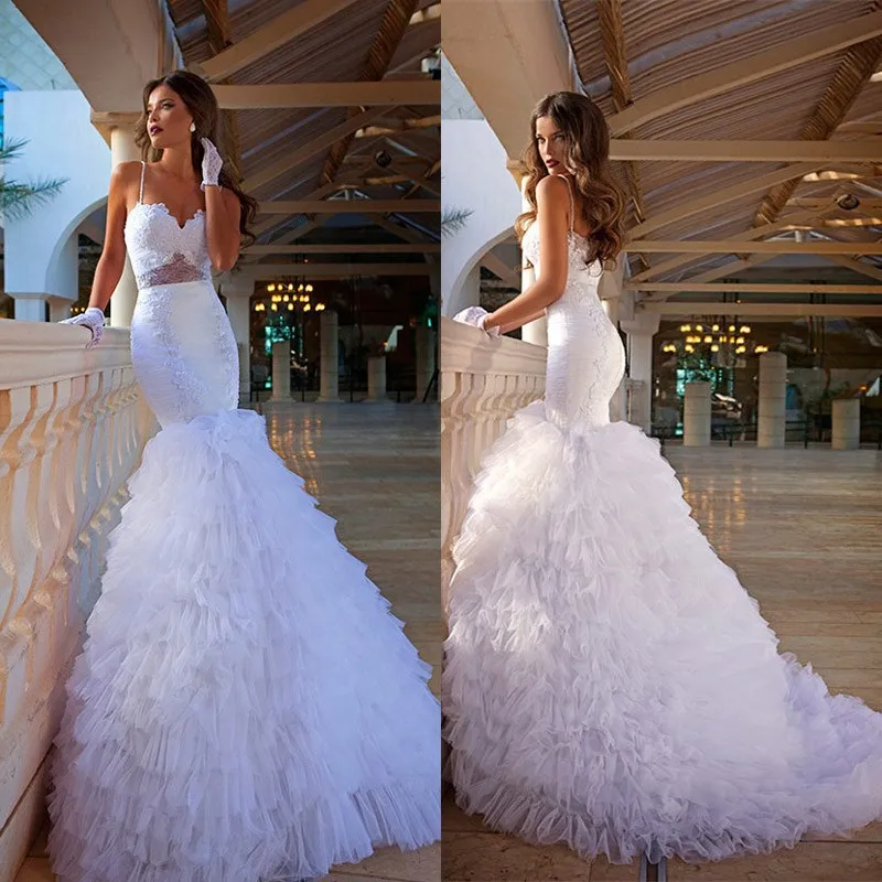 New Vestido De Novia Mermaid Wedding Dresses Beaded Tulle Pleat Tiered Spaghetti Straps Sexy Lace Real Photos Bridal Gowns