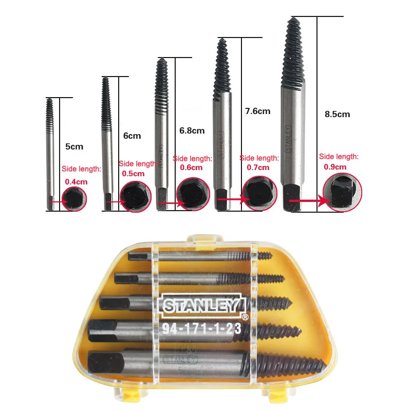 Stanley 5pcs E-Z speed out damaged screw extractor, broken screw removal set for bolt nut studs pipes tap remover bit extractors