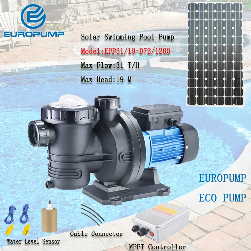 

Солнечный насос EUROPUMP 1,8 л.с., солнечные насосы постоянного тока для бассейна, максимальный поток 31000 л/ч, подъем 19 м, солнечный поверхностный насос, МОДЕЛЬ (EPP31/19-D72/1200)