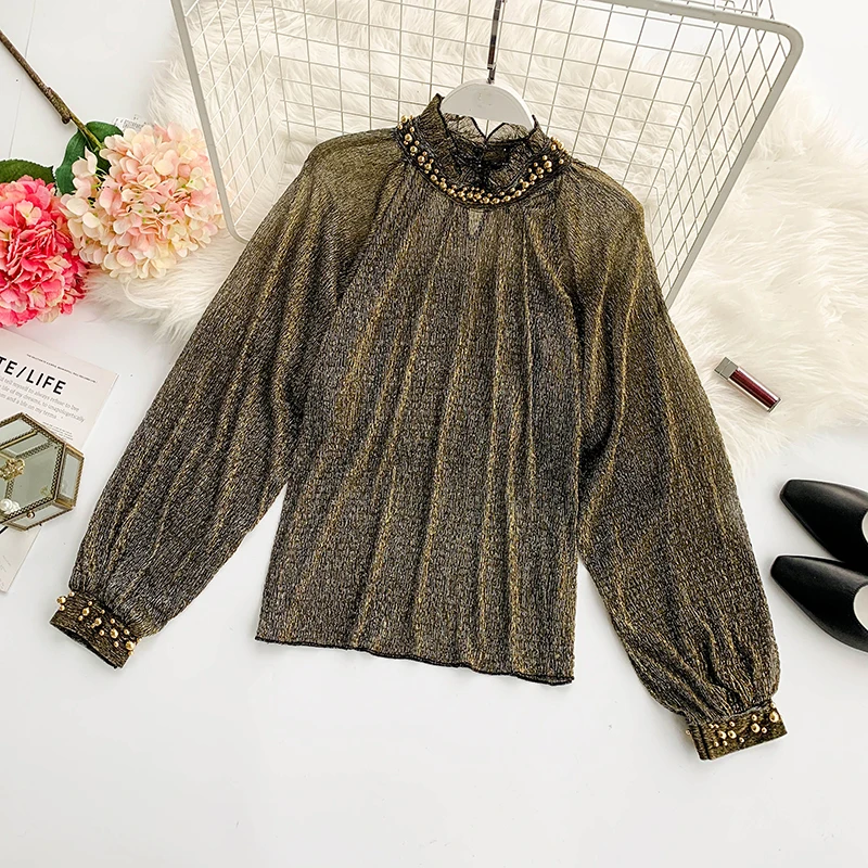 HISUMA 2019 spring new women Chic Bright Silk beading Semi-high collar Bubble Sleeve Loose Shirt female elegant blouse top