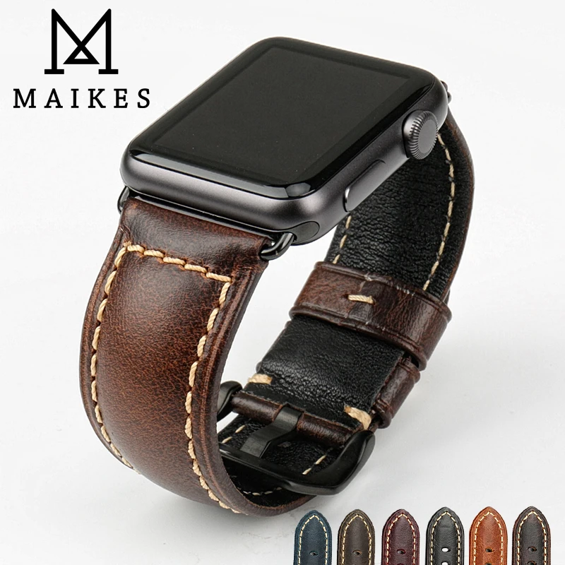 MAIKES Vintage Genuine Leather Band Accessories For Apple Watch Strap 45mm 41mm 44mm 40mm 42mm 38mm Series 7 6 iWatch Watchbands