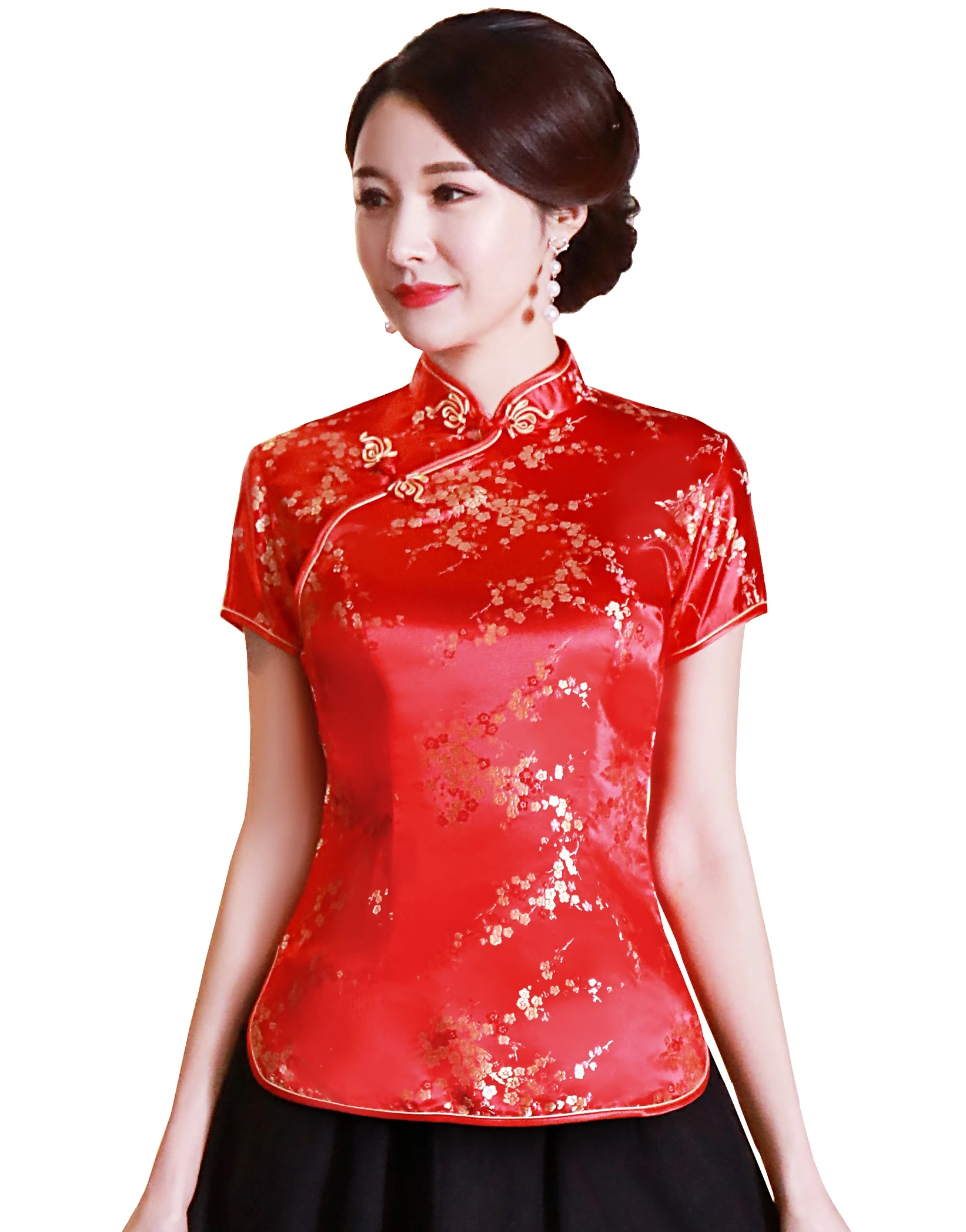 Shanghai Story Short Cheongsam top traditional Chinese Faux Silk/Satin Top dragon and phoenix Embroidery blouse top Qipao Shirt