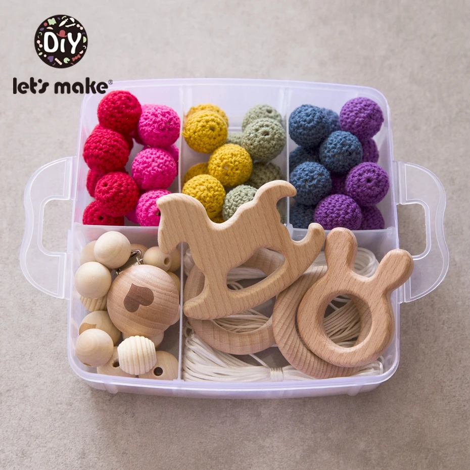 Let's Make 1set Wooden Teether Crochet Beads Animal Shape Wood Combination Package Baby Rattle Diy Accessories Baby Teether