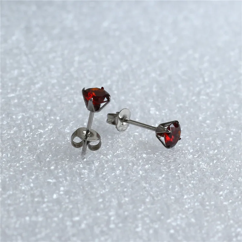 Pomegranate Red Zircon Stud Earrings Stainless Steel IP Planting 5mm Round