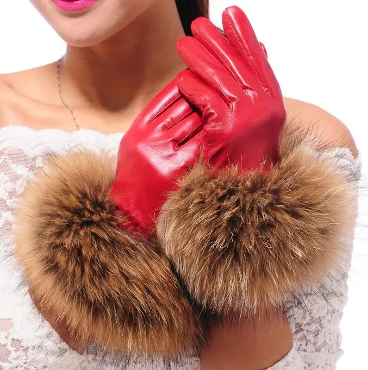 Women's autumn and winter thicken fleece lining glove lady's natural sheepskin leather glove raccoon fur driving glove R307