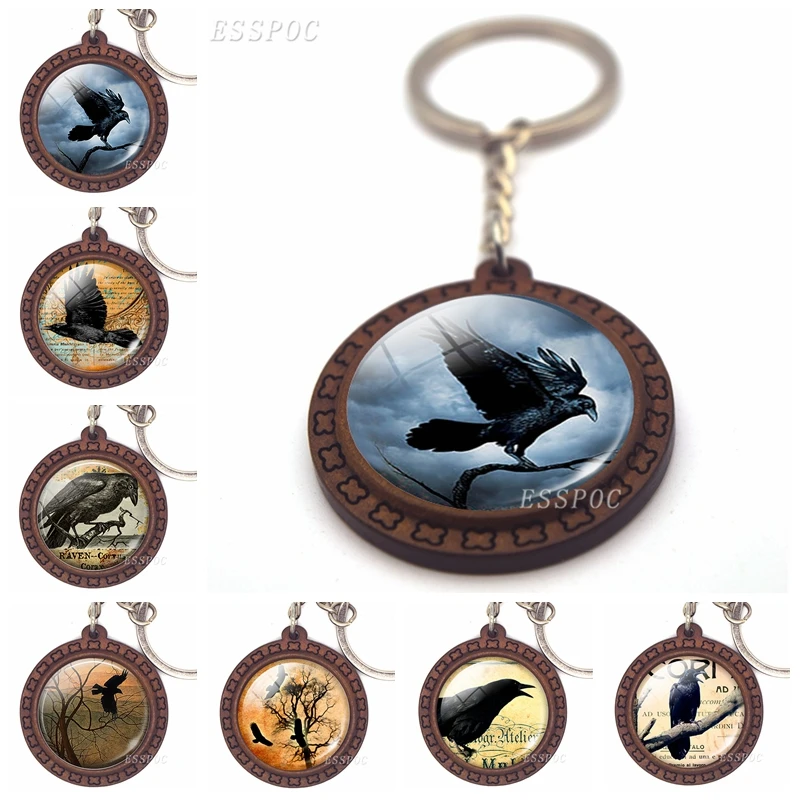 Edgar Allan Poe Raven Glass Cabochon Keychain Goth Raven Wooden Keys Pendant Fashion Accessories for Men Women Halloween Gift