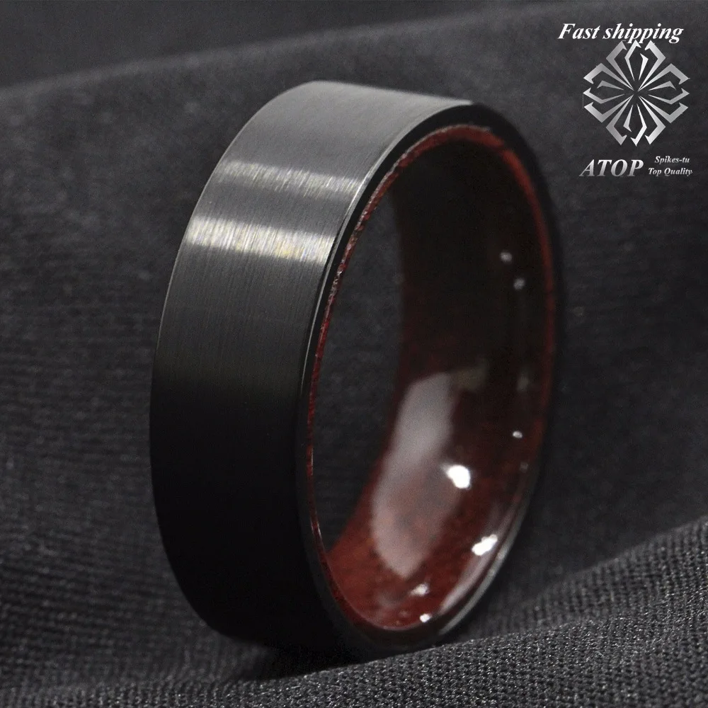 8mm Black Brushed Tungsten Red Sandal Wood Inlay Wedding Band Ring Men\'s Jewelry Free Shipping