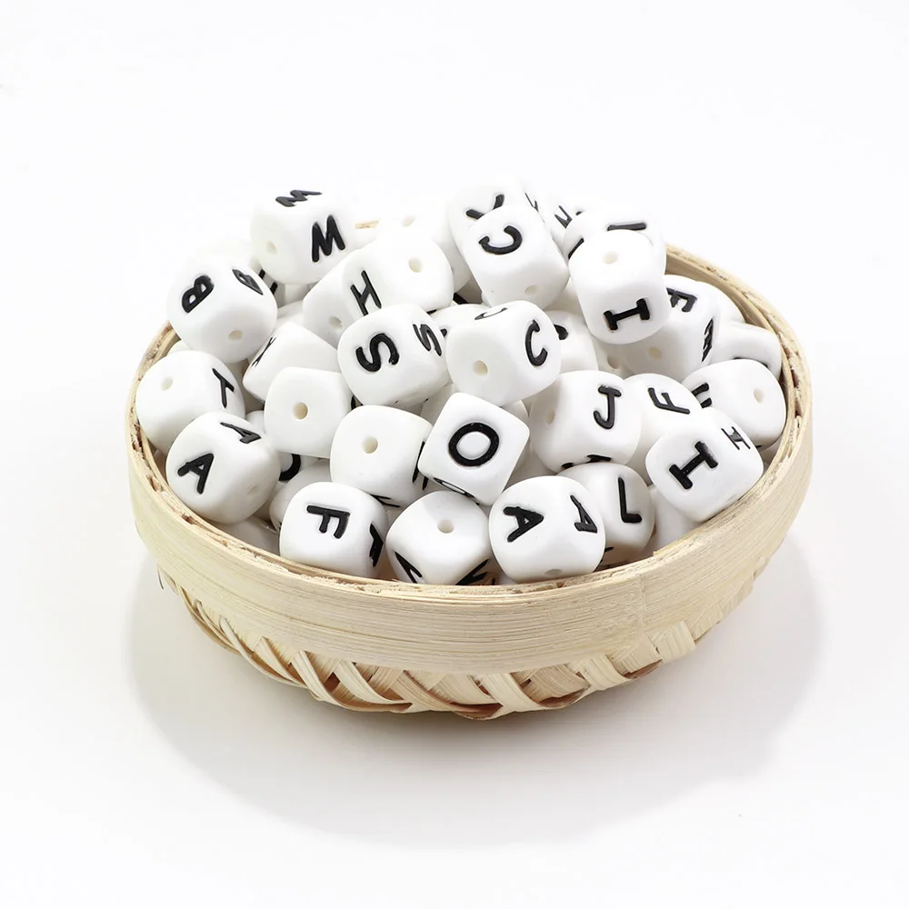 BOBO BOX-Cuentas de silicona con forma de dado y letras para bebé, cuentas de goma cuadradas de 12mm, con letras del alfabeto, para collar de