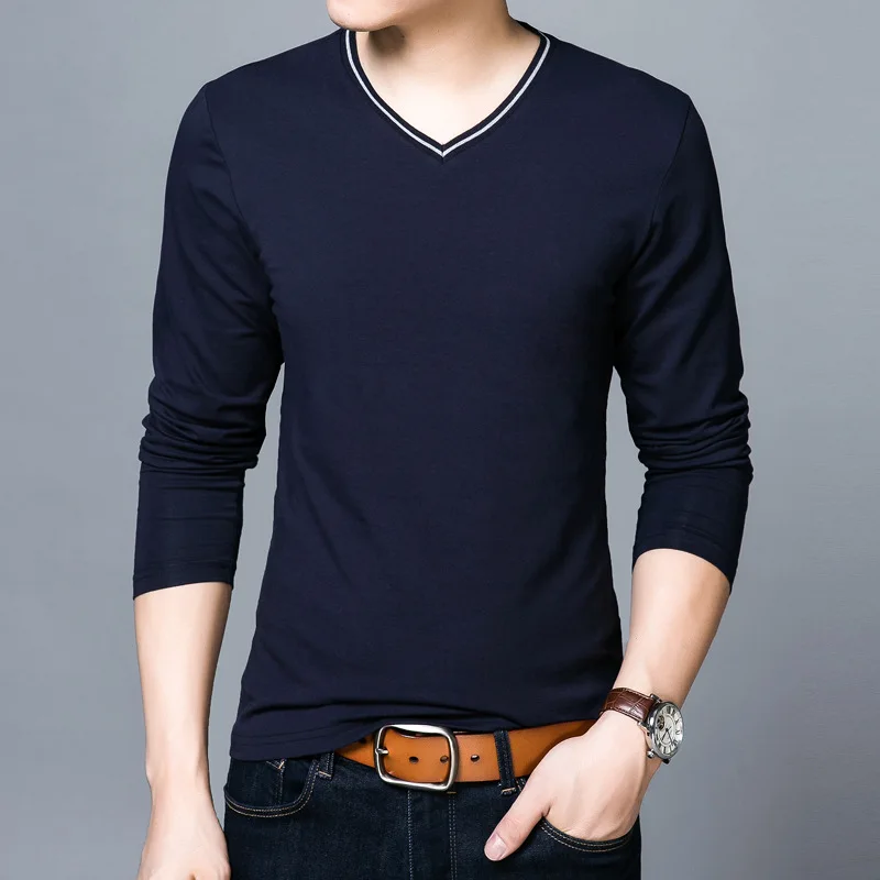 

2024 new men's spring V collar T-shirt, youth Korean Edition, cotton long sleeve T-shirt brand, men's casual men's wear tide