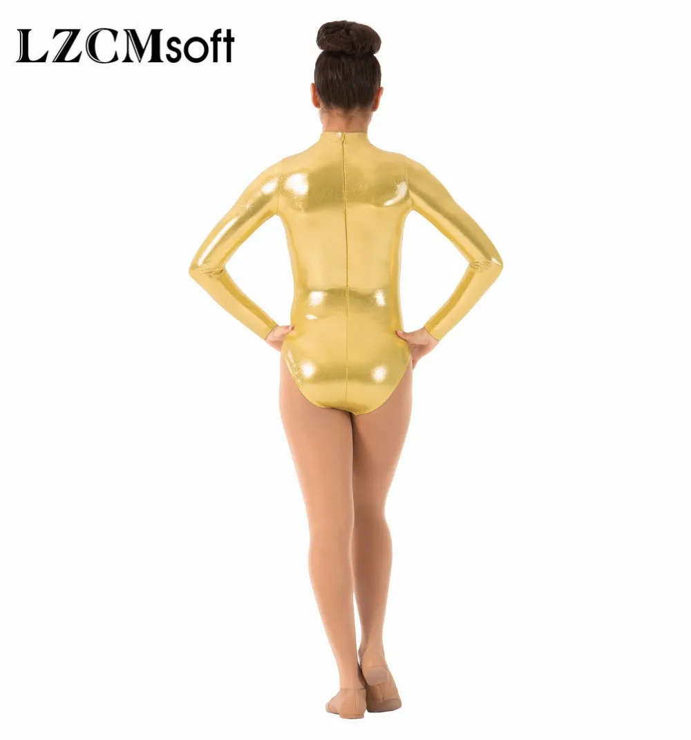 LZCMsoft Women Silver Shiny Metallic Turtleneck Gymnastics Leotard Costumes Ballet Dance Long Sleeve Leotards for Team Sports