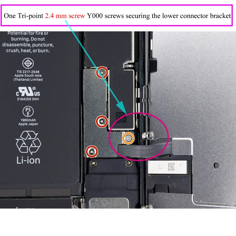 Parafusos triplos para iphone 7 y000 parafuso 2.4 milímetros longo a segurar o suporte do conector inferior, 12 pçs/lote