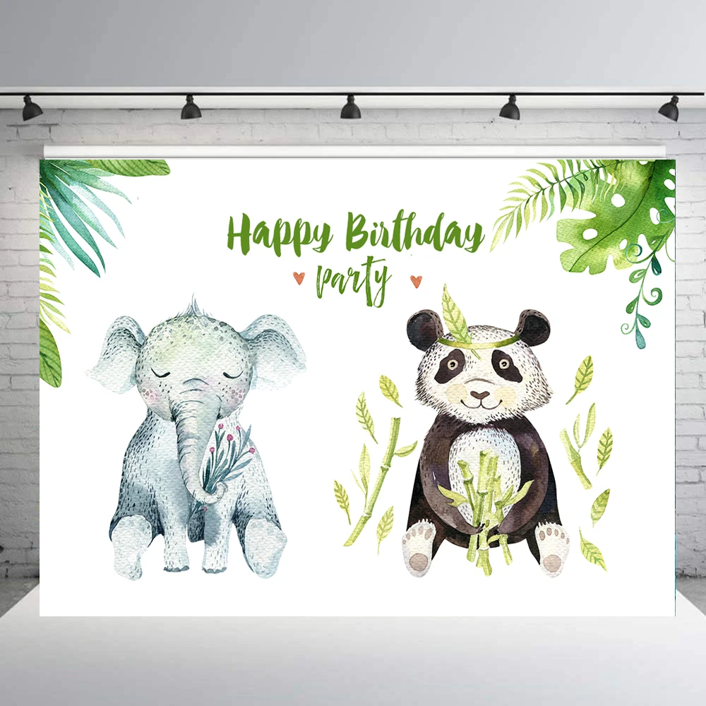 

Happy Birthday backdrop watercolor plant leaves Elephant panda kids baby shower party decor dessert table photo background b134