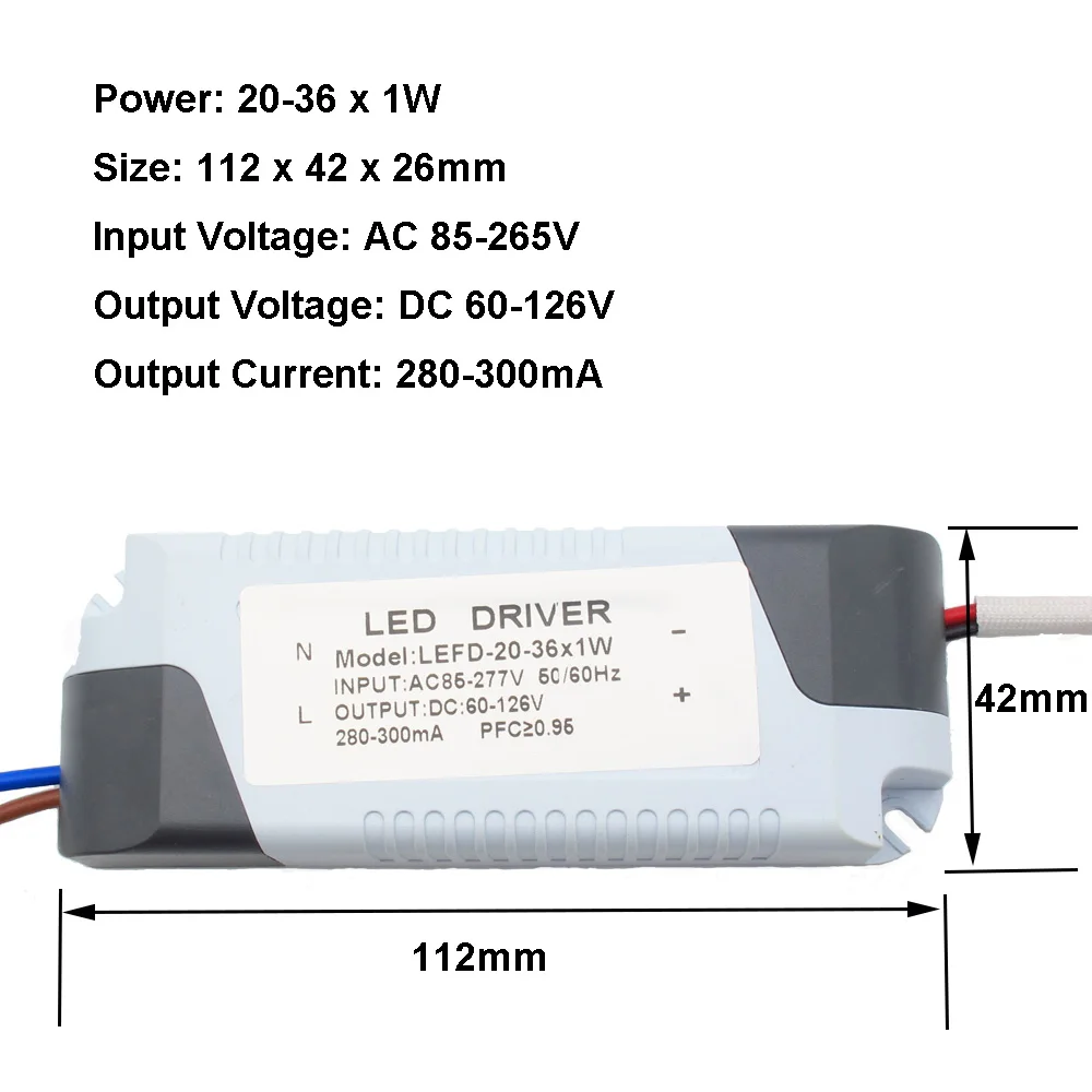 Jiaderui 300mA 1-36W Plastic Shell LED Driver AC90-265V Input Light Transformer Constant Current Power Adapter for LED Light