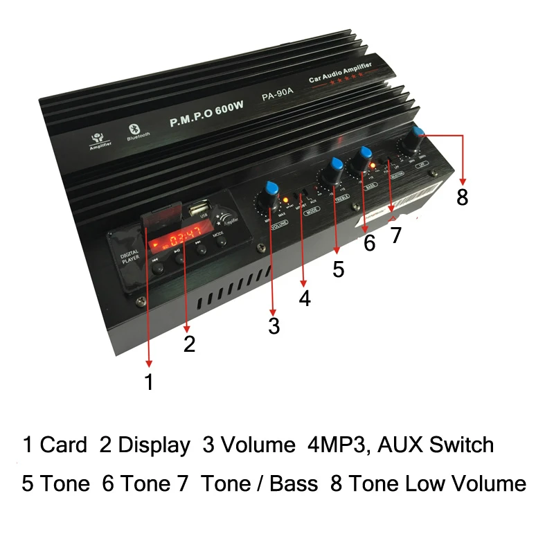 

12V 600W PA-90A 2-Channel Bluetooth Car Amplifier Audio subwoofer amplifier with USB/SD/FM Display function