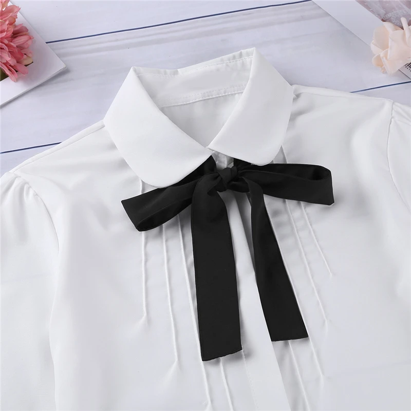 New Fashion Female Elegant Bow Tie White Blouses Chiffon Peter Pan Collar Casual Shirt Ladies Blouse summer blouses for women