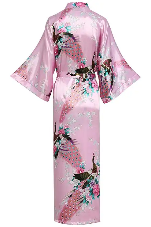 FZSLCYIYI Summer Pink Female Nightgown Kimono Bathrobe Rayon Sleepwear Peacock&Floral Bride Bridesmaid Wedding Robe Gown