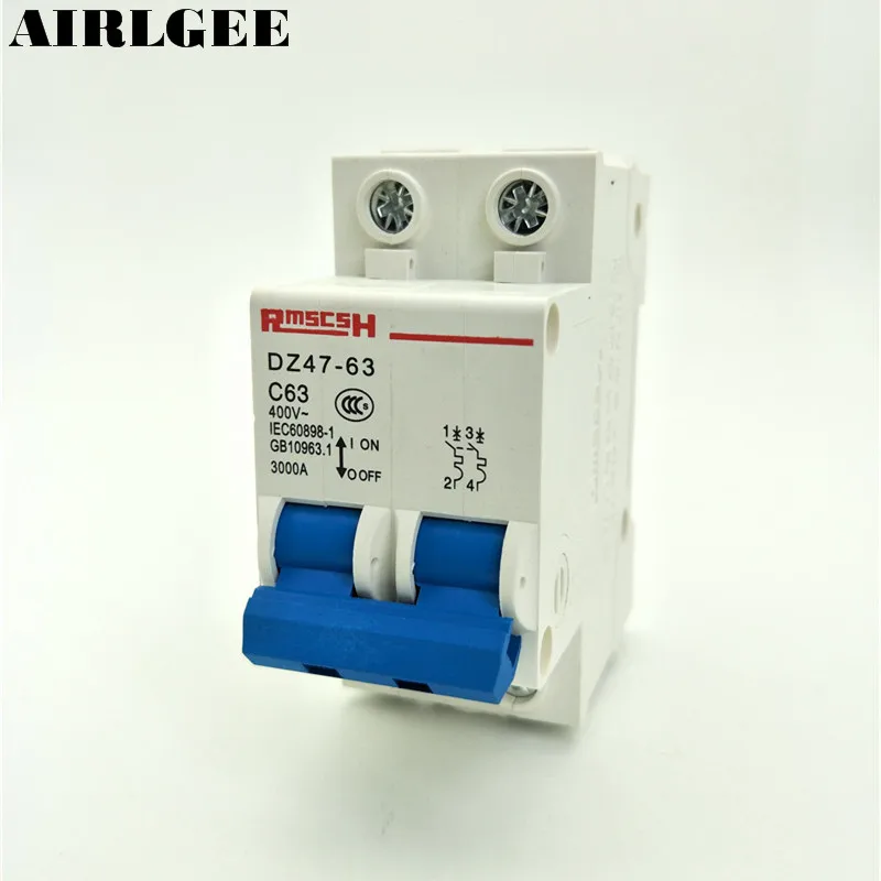 DZ47-C63 Mini Circuit Breaker Switch 2 Poles 35mm DIN Rail Household Short Protector 400V 63A 3000A