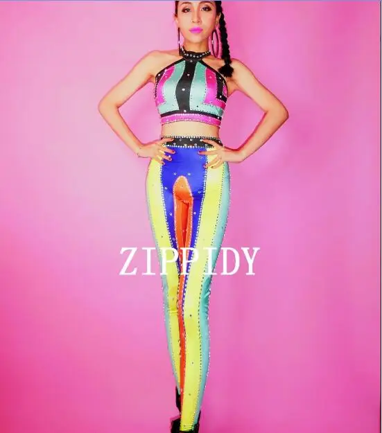 Fashion  Shining Colorful Rainbow Stones Outfit Sleeveless Top Stretch 2 Pieces Set Leggings Dance Performance Sexy Pants