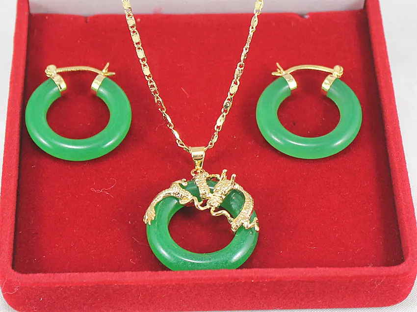 

Wholesale 25mm fine jewelry Dark Green Natural jade dragon pendant hood earring Jades Jewelry set