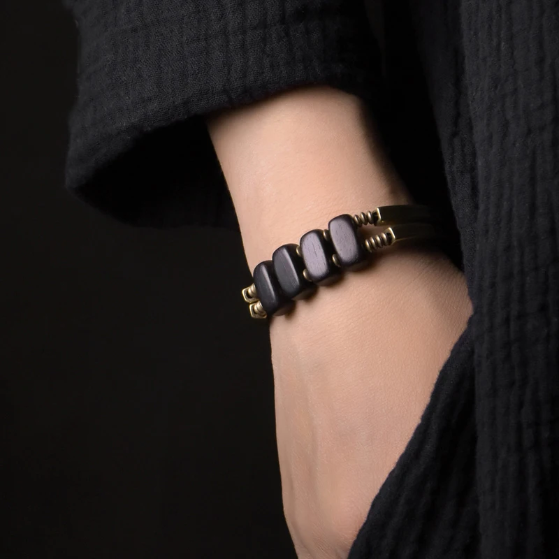 Two Row Ebony Copper Alloy Beads Bracelet Rock Metal Trendy Unique Geometric Beaded Jewelry Male Female Protective Punk Bangle