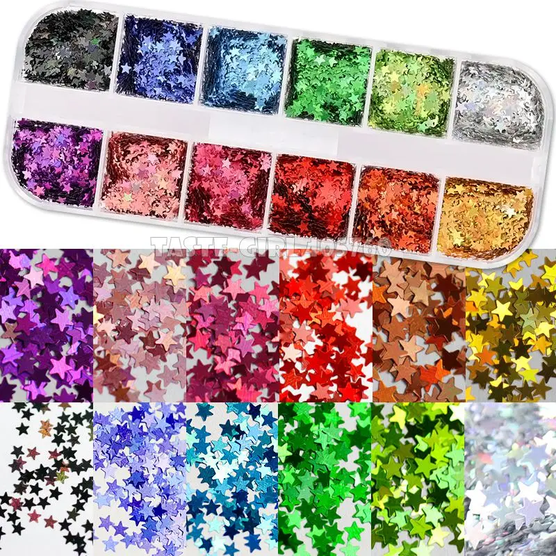 12 Grids/Set High Quality 12 Colors Mix 3 Sizes Glitter Holographic Pentagram Stars Sequin Nail Art Paillette Decals DIY CT14