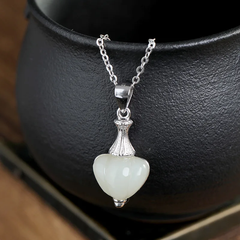 polyster S925 pure silver pendant inlaid hetian jade white jade collarbone female upscale necklace hang heart pendant