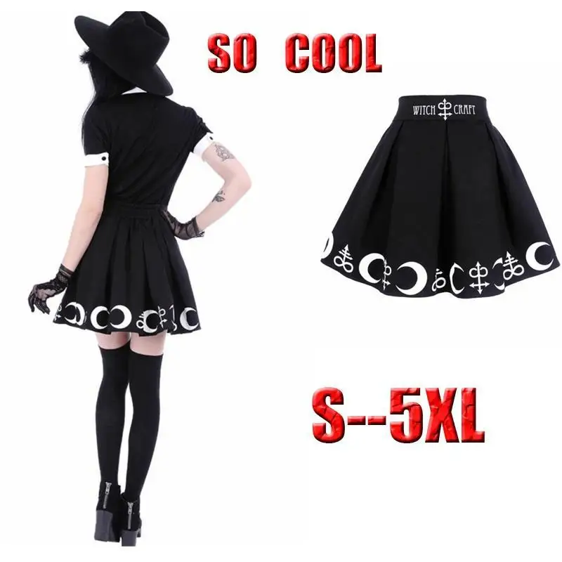 Women Plus Size Gothic Witch Lolita Skirts Black Elegent Restyle Witchcraft Moon & Occult Symbol Pleated Cosplay Costume S-5XL