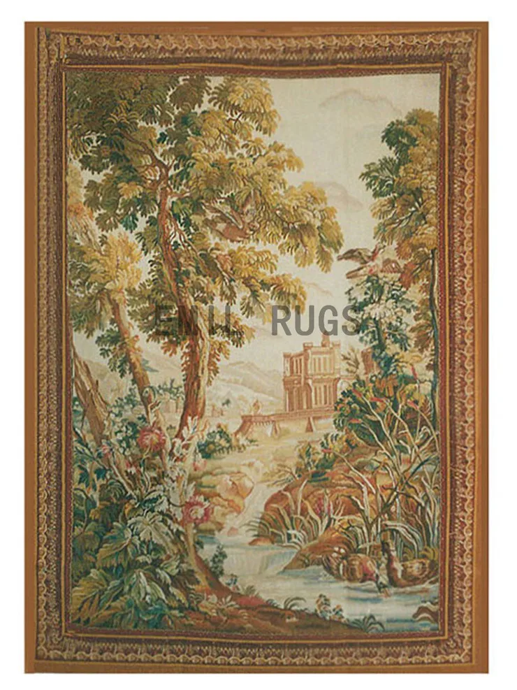 Antique French Aubusson Husbandry Agrarian Pastoral Scene Tapestry Panel Rectangular Europe Type Flowers Pure Wool Knitting